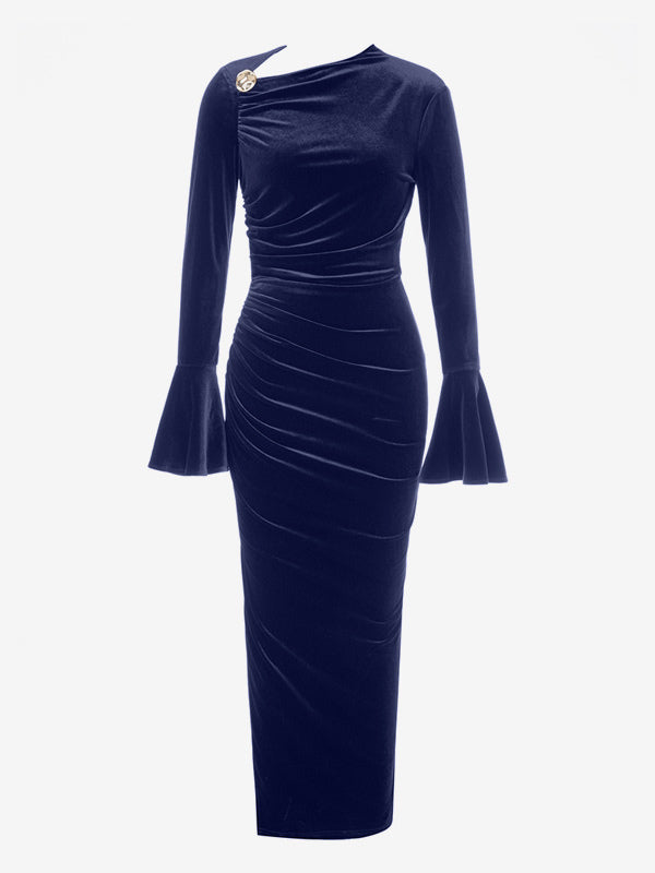 Velvet Dress Chocolate Irregular Split Front Party Long Sleeves Notched Neckline Winter Midi Dress