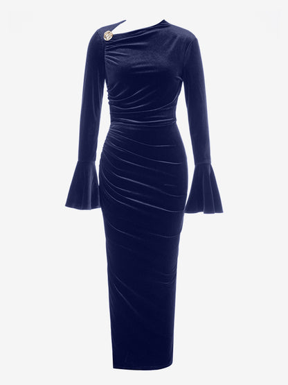 Velvet Dress Chocolate Irregular Split Front Party Long Sleeves Notched Neckline Winter Midi Dress