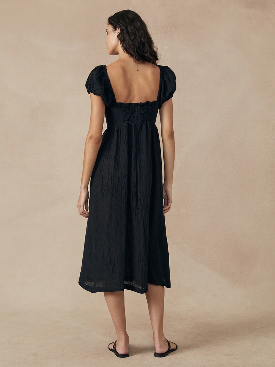 Boho Dress Bateau Neck Short Sleeves Pleated Summer Casual Midi Dresses