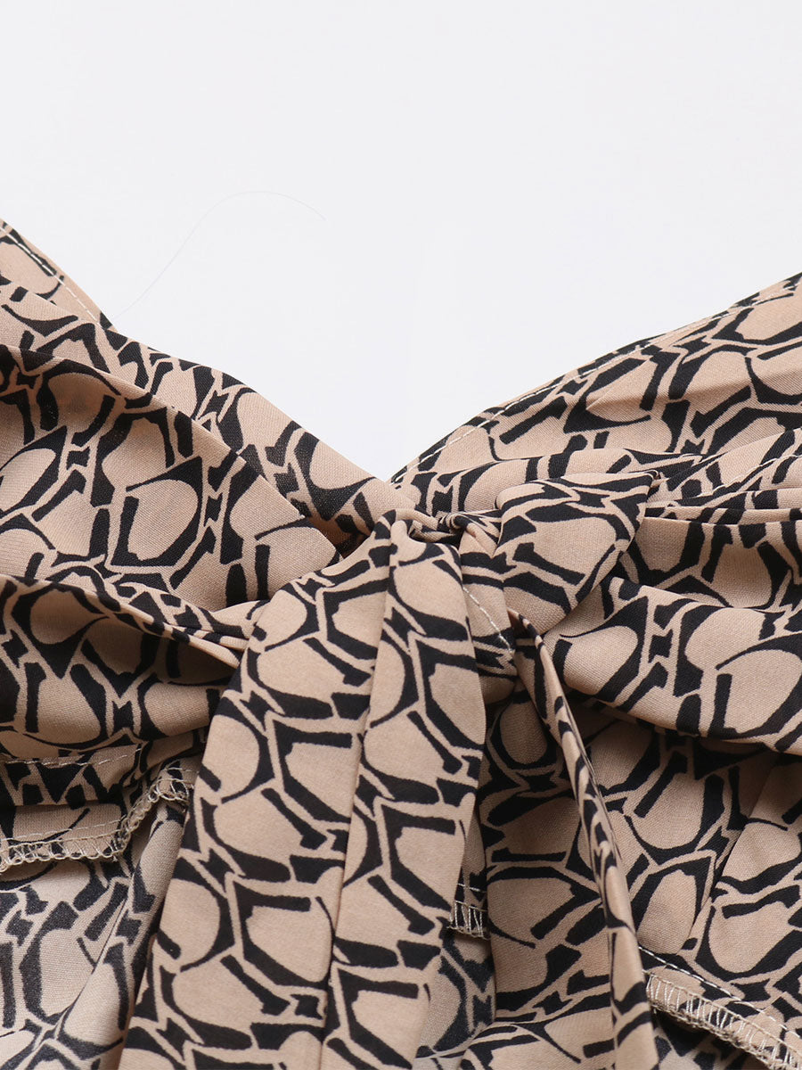 Summer Midi Dress Khaki V-Neck Pleated Printed Beach Dress
