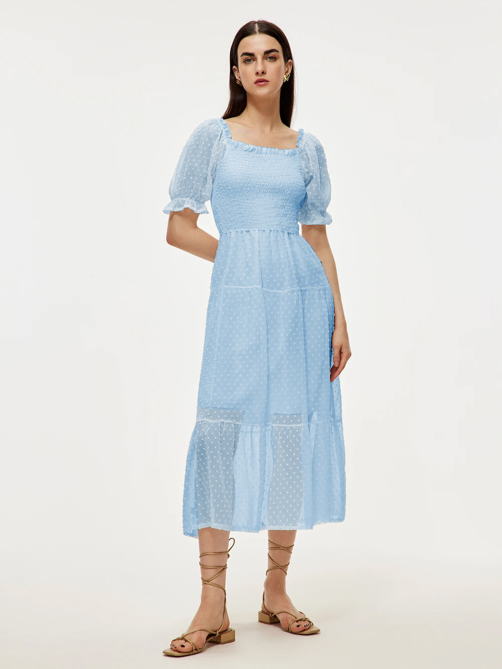 Summer Midi Dress White Square Neck Chiffon Beach Dress