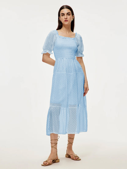 Summer Midi Dress White Square Neck Chiffon Beach Dress