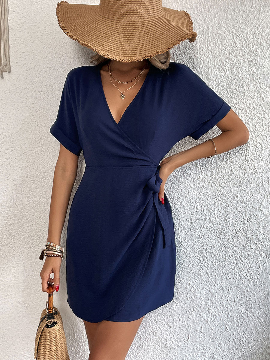Mini Dresses Dark Navy Short Sleeves Lace Up Short Dress