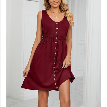 Solid Color Sleeveless Mini Dress with Button Details