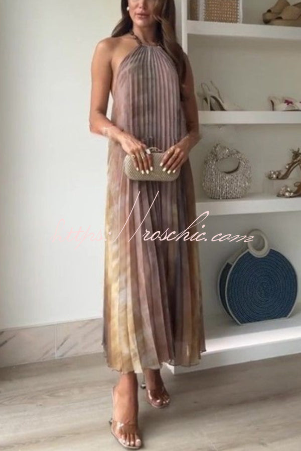 Tie-dye Printed Halter Neck Pleated Backless Midi Dress