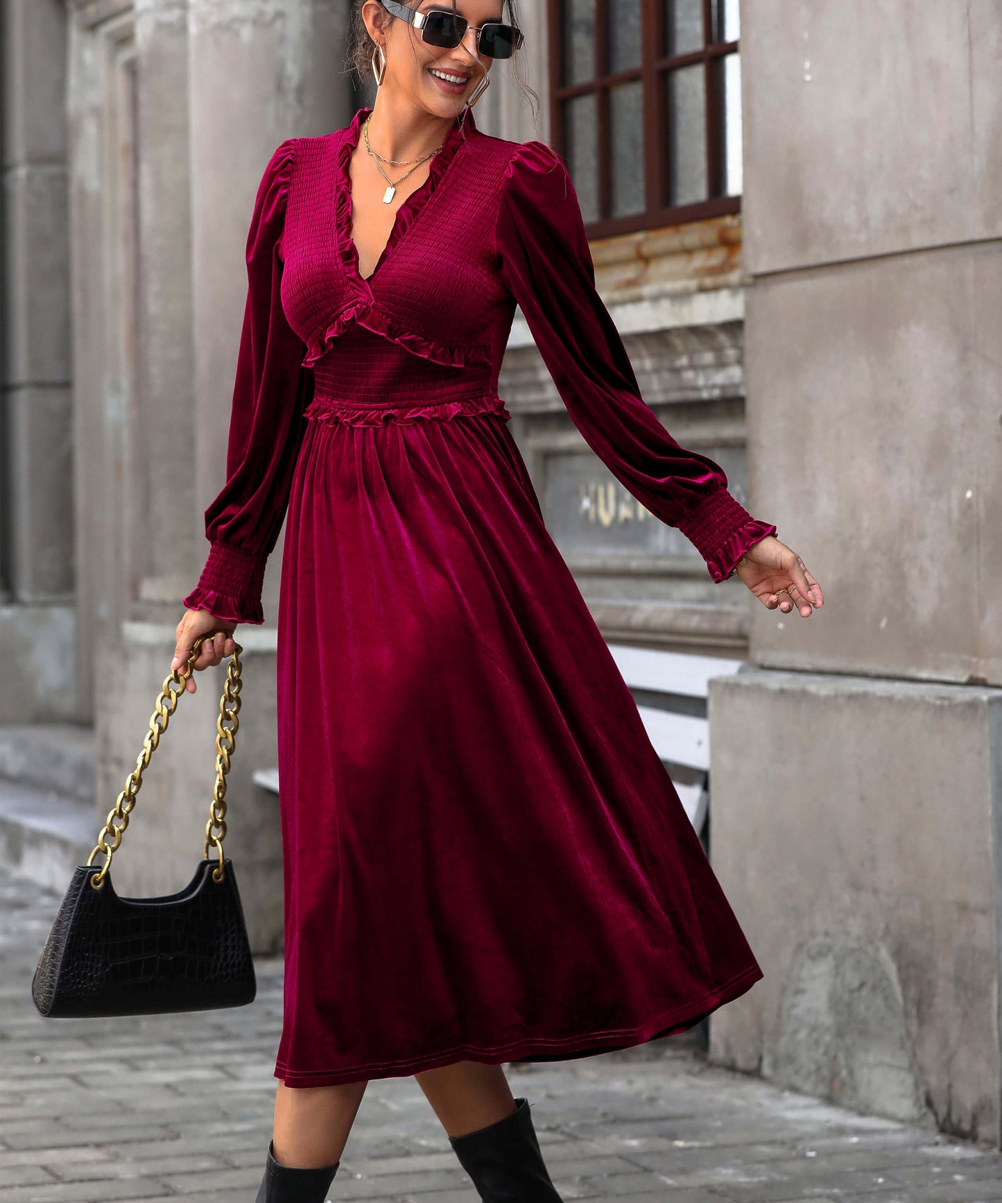 Theia V-Neck Velvet Midi Dress