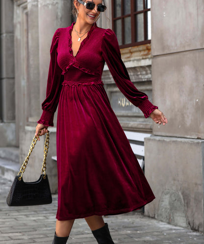 Theia V-Neck Velvet Midi Dress