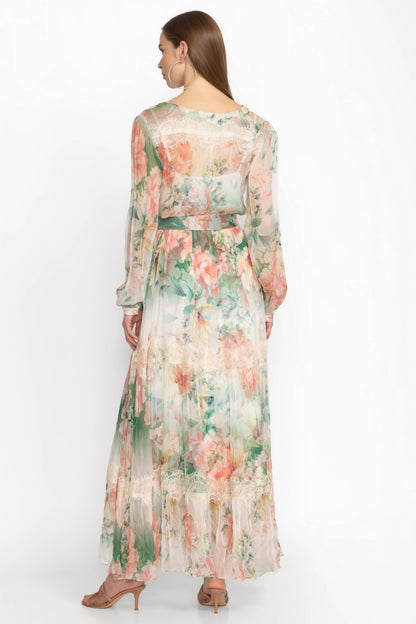 Floral Bottom Long Sleeve Midi Dress With Belt