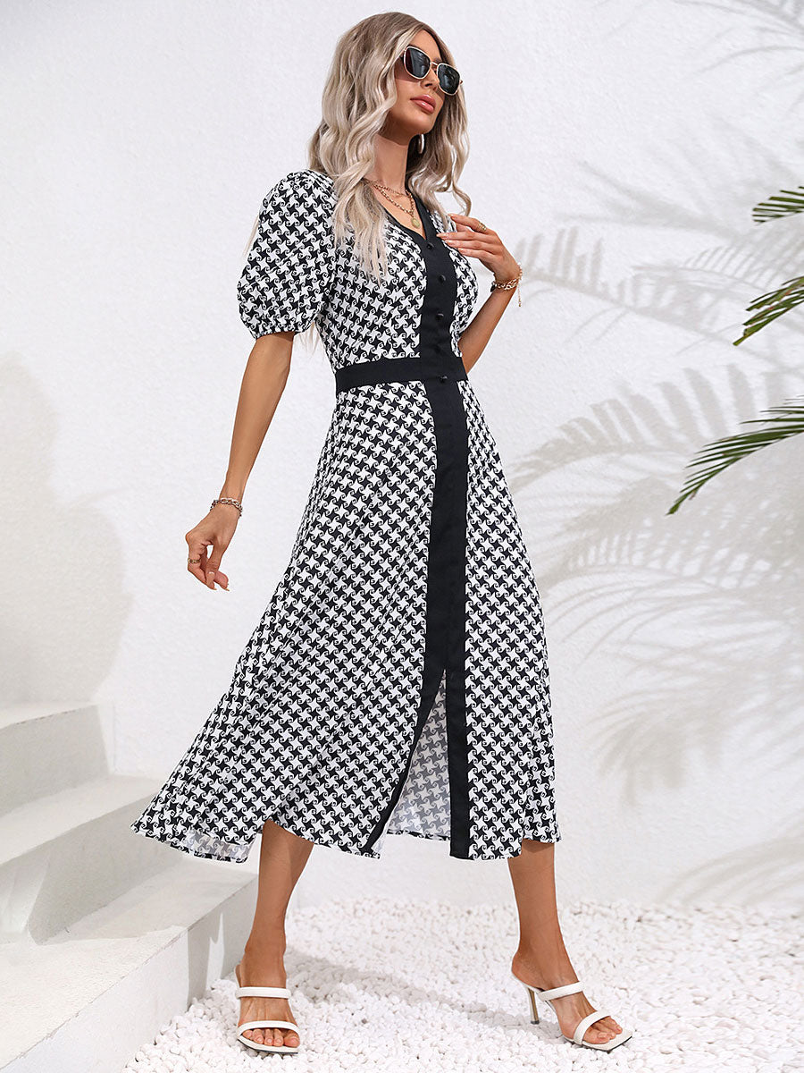 Summer Midi Dress Black V-Neck Split Front Geometric Beach Dress