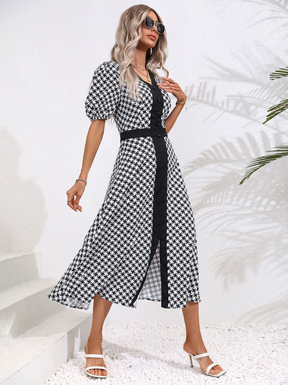 Summer Midi Dress Black V-Neck Split Front Geometric Beach Dress
