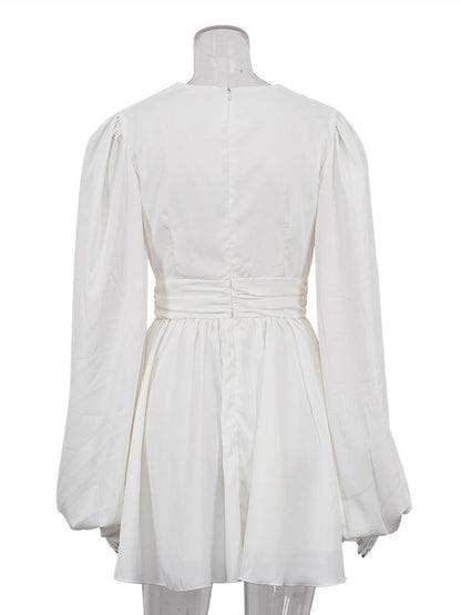 Skater Dresses V-Neck Long Sleeves Pleated Sexy Flared Dress Mini Dresses