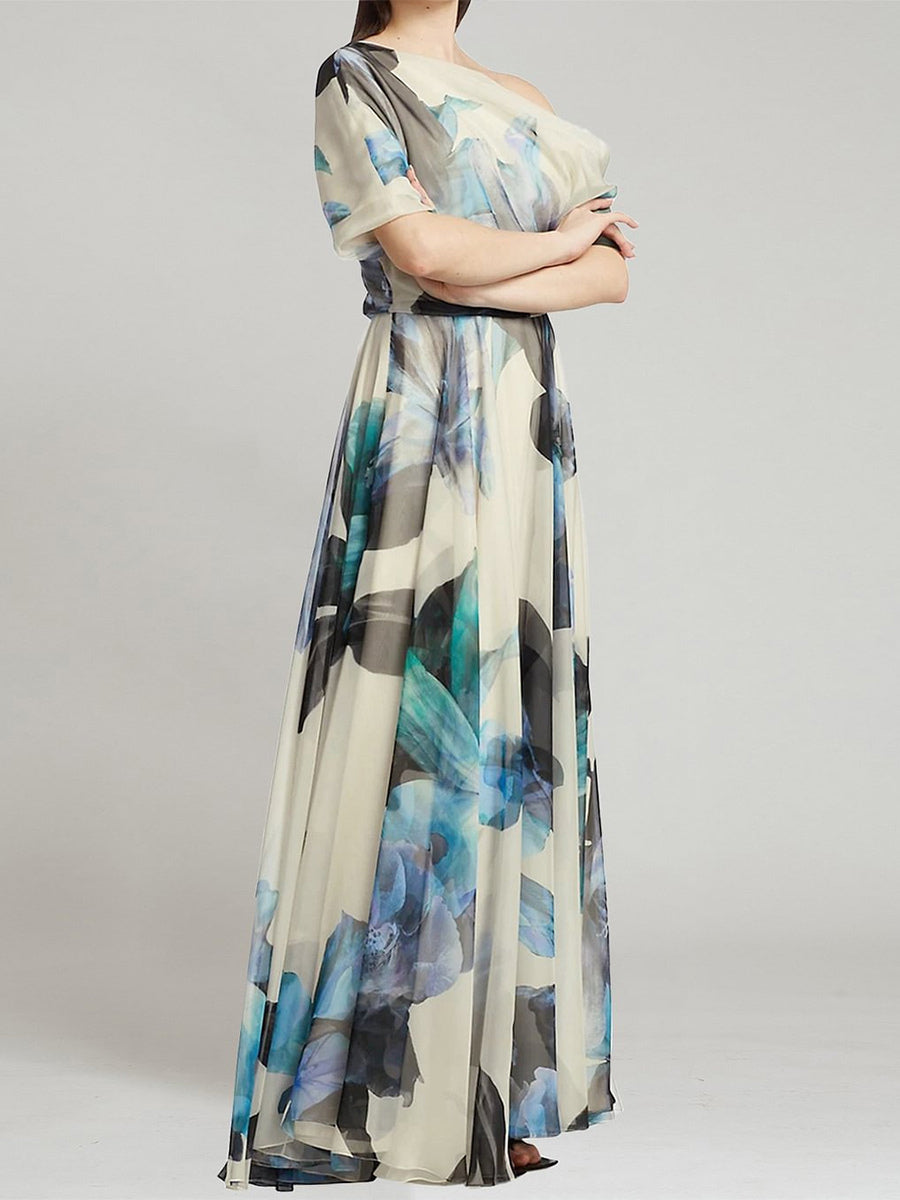 Floral Dress Maxi Dresses Dresses Floral Print Backless Pleated One-Shoulder Short Sleeves Backless Bohemian Summer