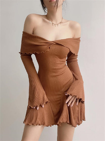 Tossy Black Knit Ruffled Mini Dress Women Patchwork Off-Shoulder Loose Slim Fashion Ribbed Dress Knitwear Clothes Female Dress
