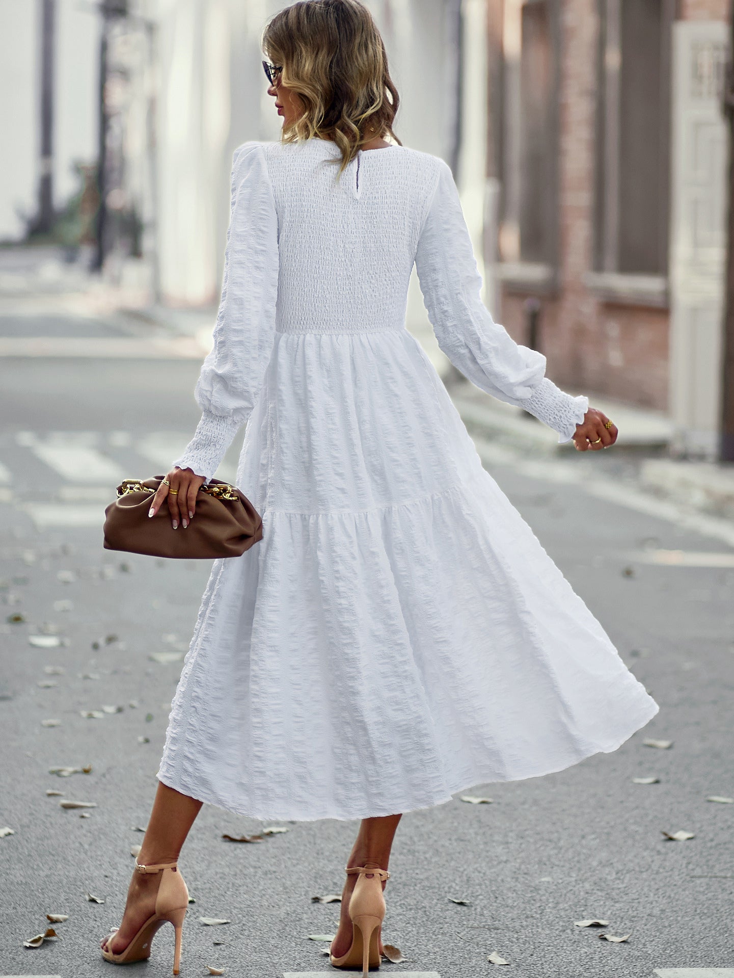 Pleated Midi Dress Lantern Sleeves Cuffs Layering Day Dresses