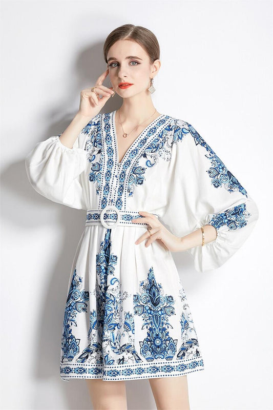 Paisley Single Breasted Long Sleeve Mini Dress With Belt