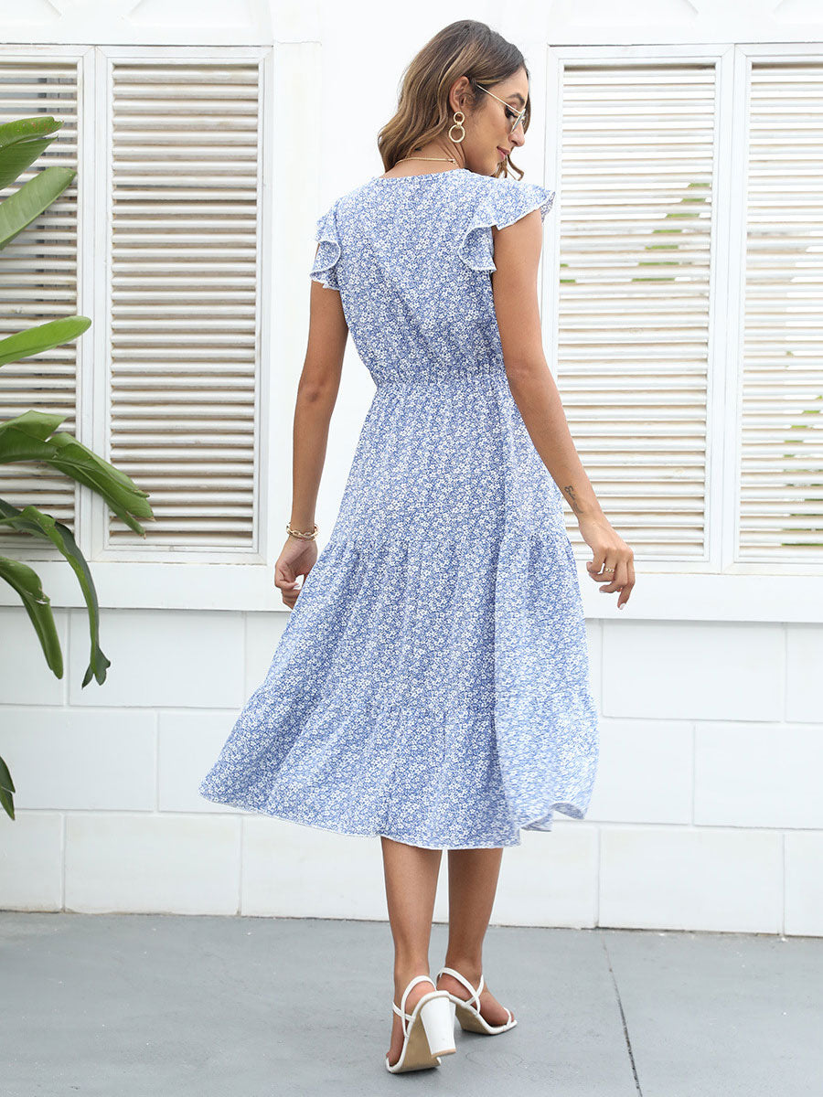 Floral Print Sexy V-Neck Sleeveless Midi Dress