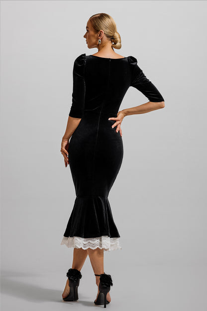 Solid Velvet Lace Sweetheart Neck Midi Dress