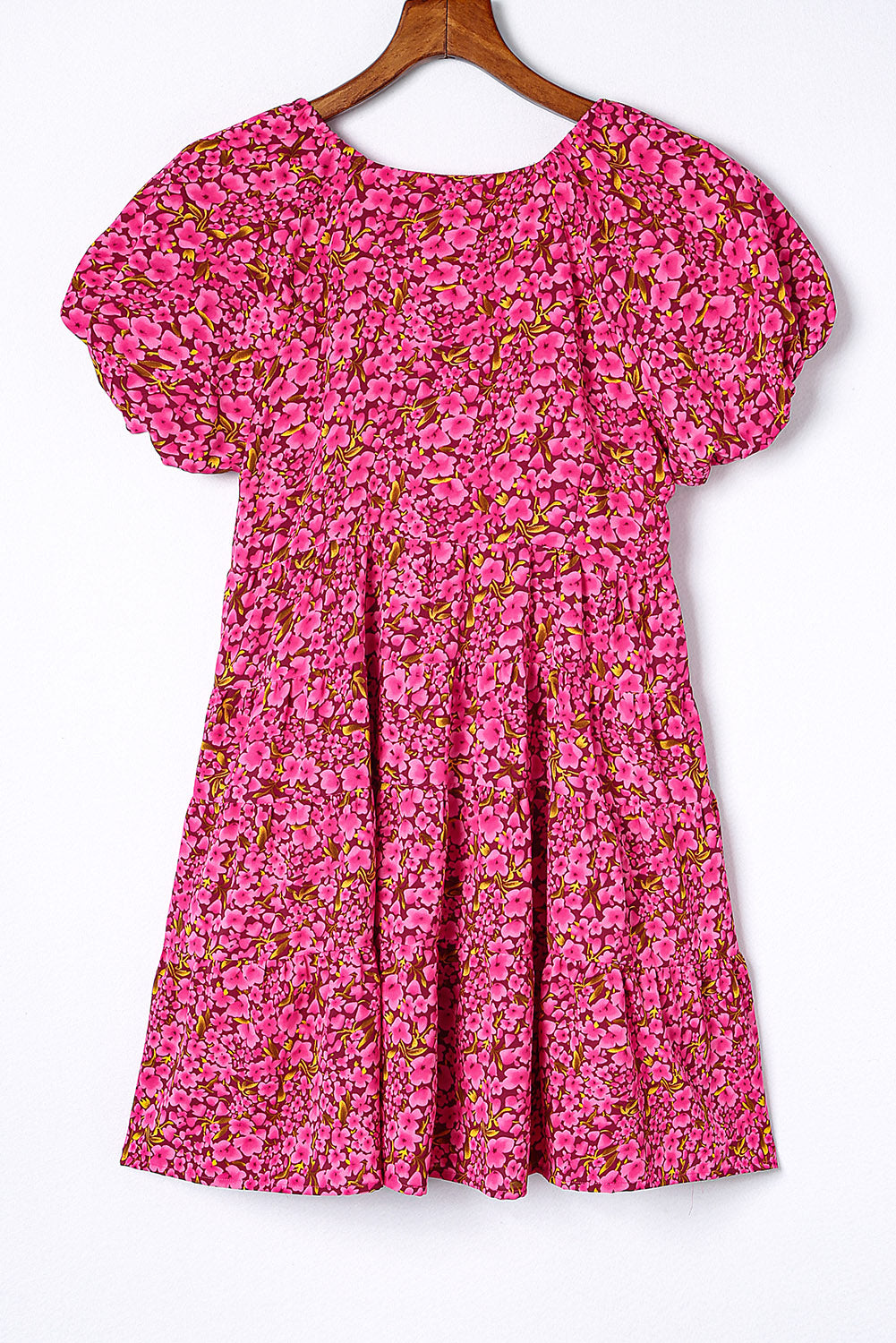 Rose Floral Print Puff Sleeve Babydoll Mini Dress