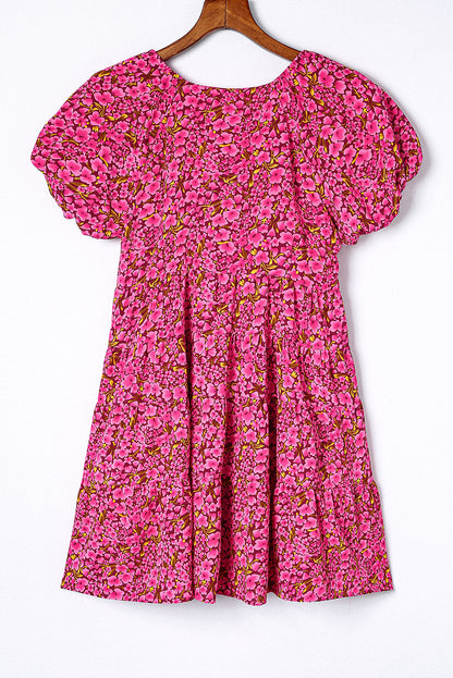 Rose Floral Print Puff Sleeve Babydoll Mini Dress