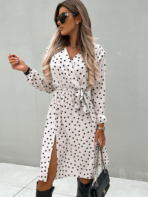 Polka Dot Lace Up Sexy V-Neck Long Sleeves Midi Dress