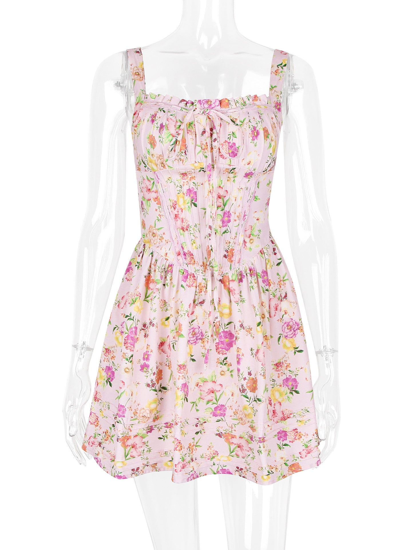 Floral Dress Mini Dresses Dresses Floral Print Lace Up Straps Neck Sleeveless No Open Seam Elegant Fall Short