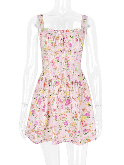 Floral Dress Mini Dresses Dresses Floral Print Lace Up Straps Neck Sleeveless No Open Seam Elegant Fall Short