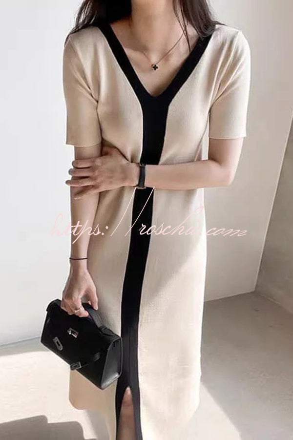 Fashionable V-neck Slim Fit Waist Knitted Midi Dress