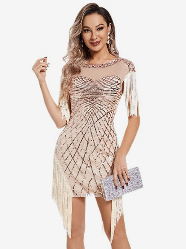 Vintage Champagne Dress Illusion Yoke Tassel Short Swing Mini Dresses