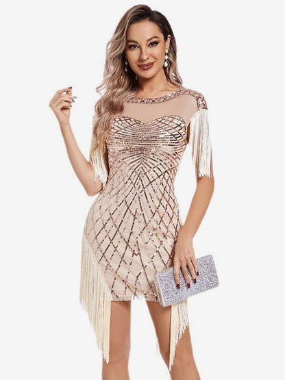 Vintage Champagne Dress Illusion Yoke Tassel Short Swing Mini Dresses