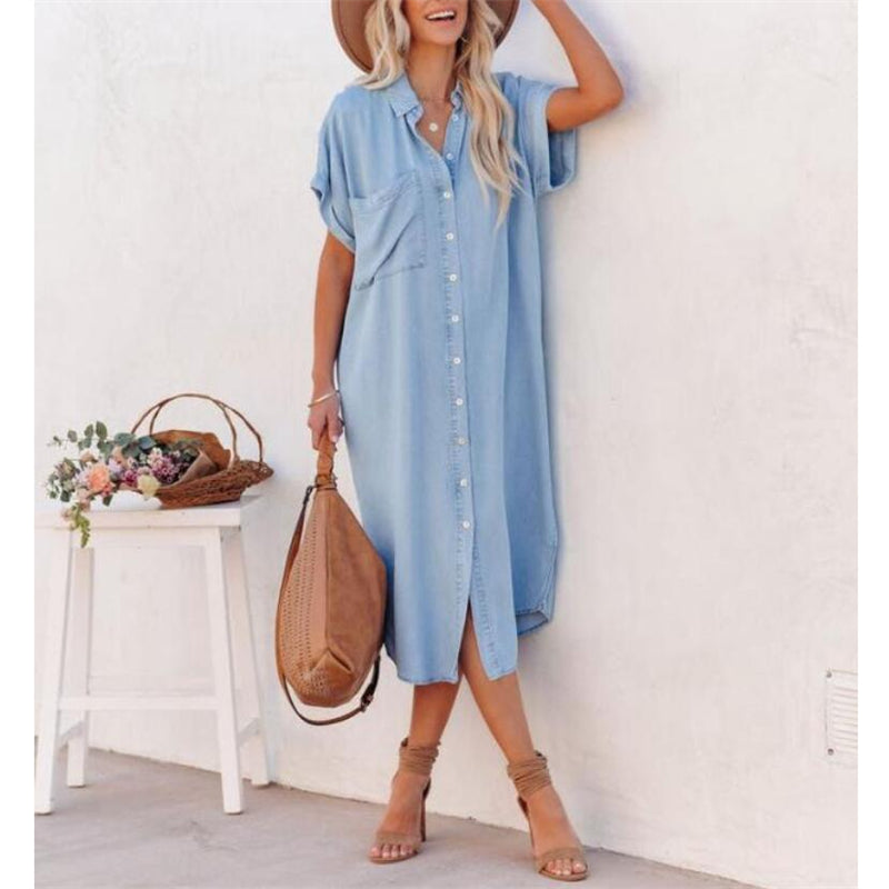 Denim Short Sleeve Maxi Dress in Blue for Stylish Comfort