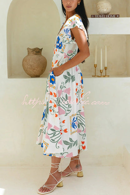 Boho Floral Print Buttoned V-neck Midi Dress