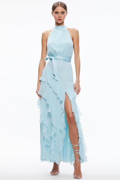 Chiffon Sleeveless Frill Split Midi Dress With Belt