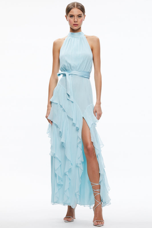 Chiffon Sleeveless Frill Split Midi Dress With Belt