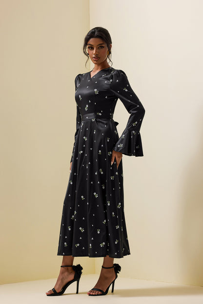 Satin Floral Ball Sleeve Midi Dress
