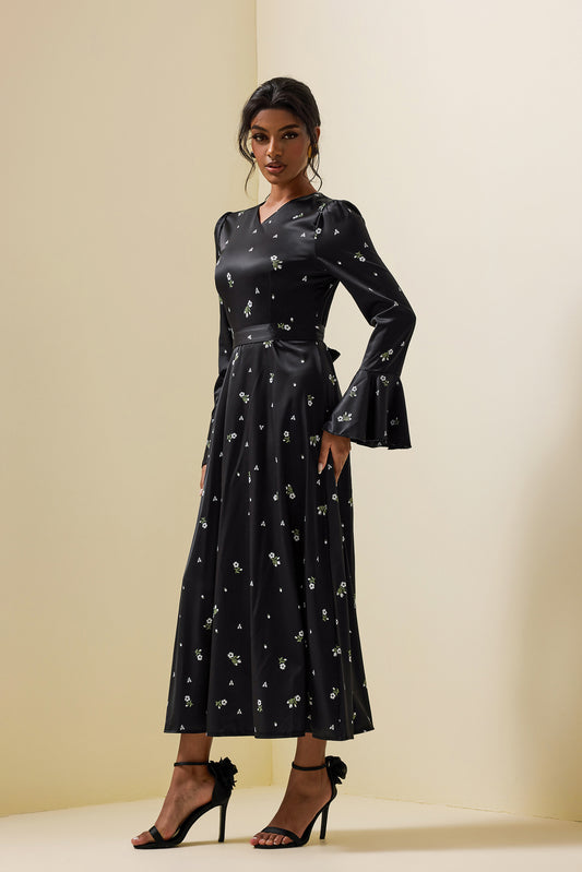 Satin Floral Ball Sleeve Midi Dress