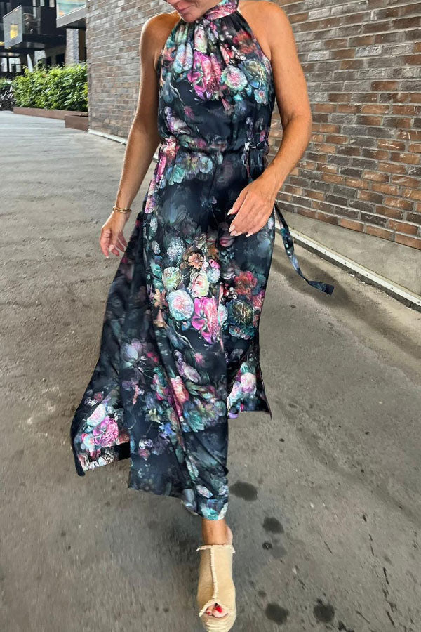 Elegant Vintage Rose Print Tie Halterneck Maxi Dress