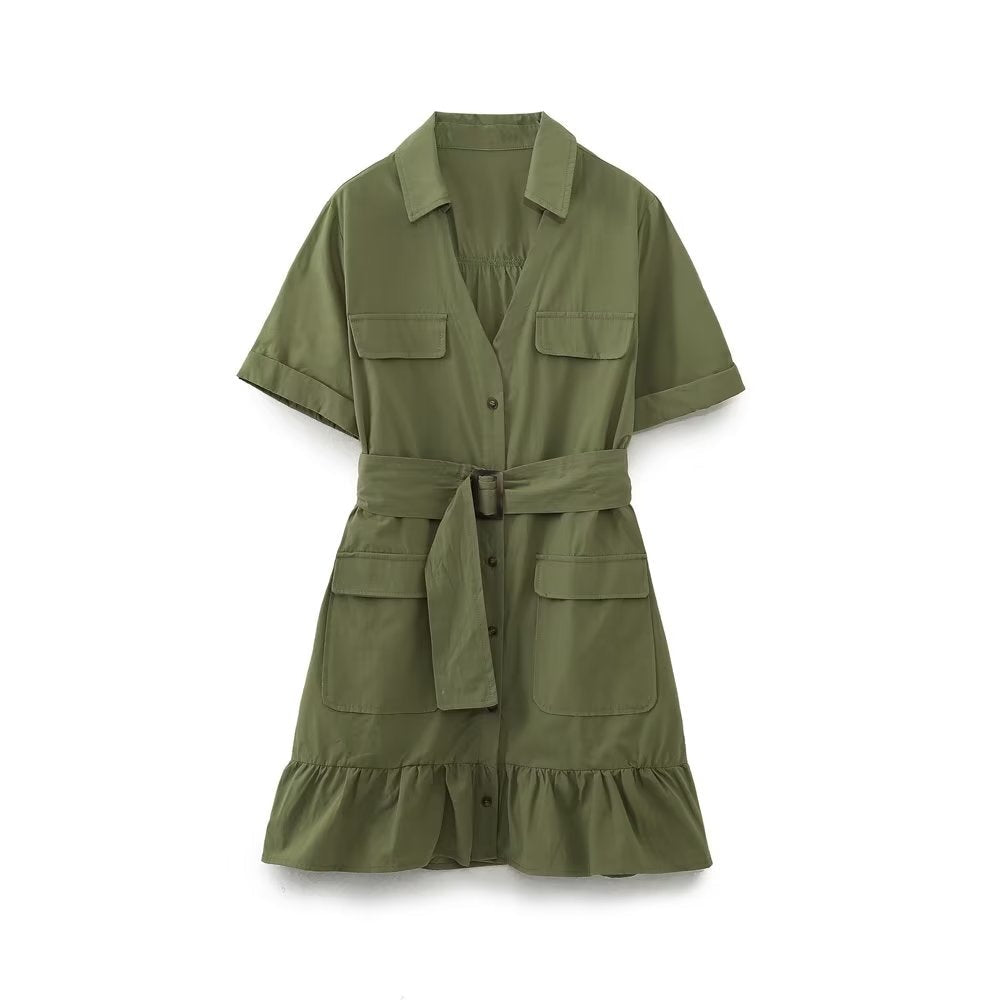 Spring Women Clothing Simple Graceful Waistband Poplin Dress – Elegant Floral Print Midi Dress