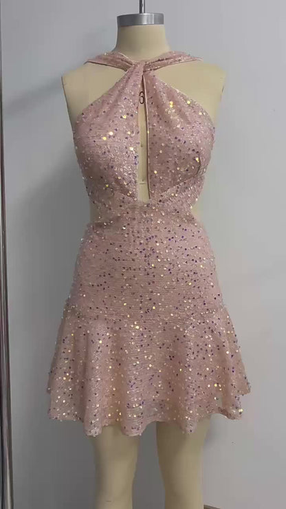 Sequins Dress Halter Cutout Open Back Ruffles Coachella Sexy Mini Dresses