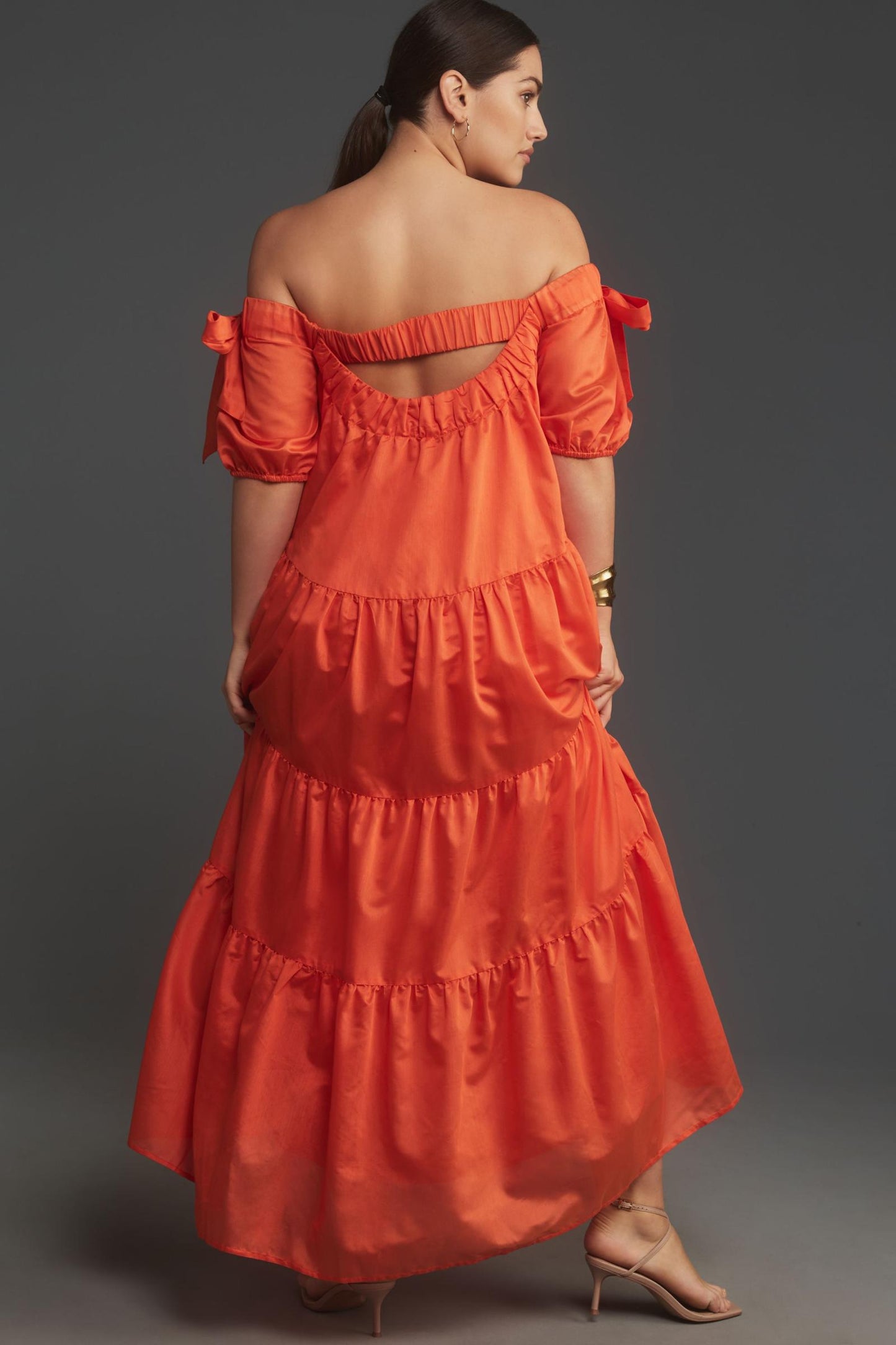 The-Shoulder Tiered High-Low Midi Dress