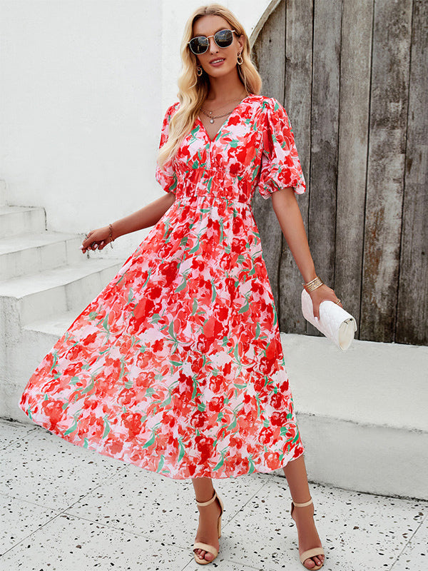 Floral Dress Midi Dress Printed Short Sleeves V-Neck Sweet Summer