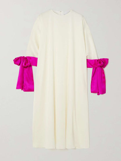 Loose Seven-Quarter Sleeves Contrast Color Round-Neck Midi Dresses