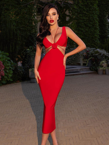 Party Dress 3D Flower Sleeveless U-Back Sexy Bodycon Midi Dresses
