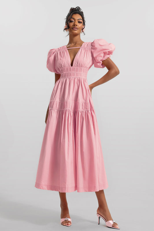 Solid V-Neck Puff Sleeve Midi Dress