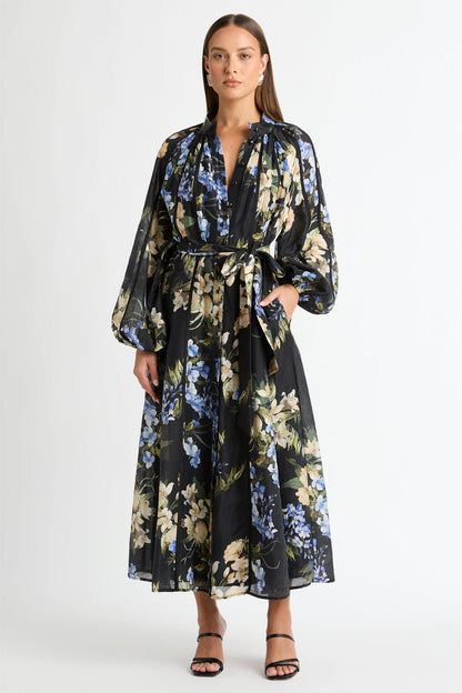 Floral Lantern Sleeve Bottom Midi Dress