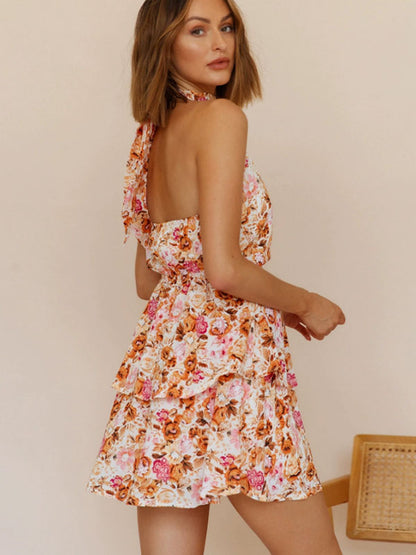 Floral Mini Dresses Strapless Backless Short Lace Up Jewel Neck Sleeveless Backless Sweet Summer Dress