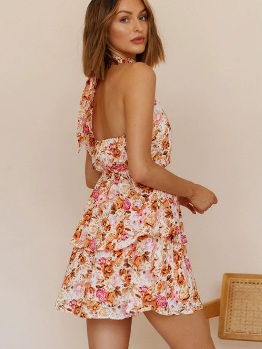 Floral Mini Dresses Strapless Backless Short Lace Up Jewel Neck Sleeveless Backless Sweet Summer Dress