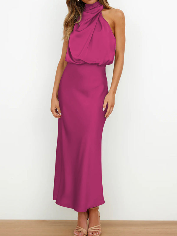 Sleeveless Solid Color Halter-Neck Midi Dresses