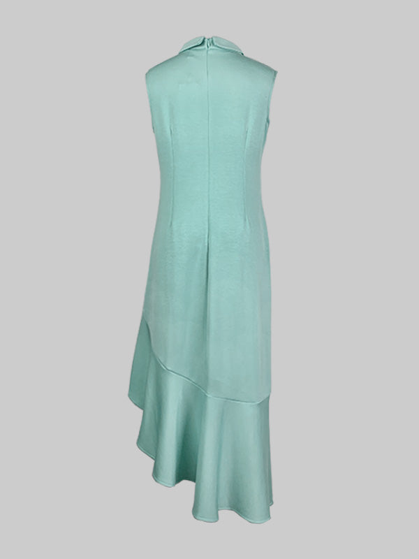 Bodycon Sleeveless Asymmetric Pleated Ruffle Trim Solid Color Split-Joint Mock Neck Midi Dresses