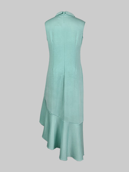 Bodycon Sleeveless Asymmetric Pleated Ruffle Trim Solid Color Split-Joint Mock Neck Midi Dresses