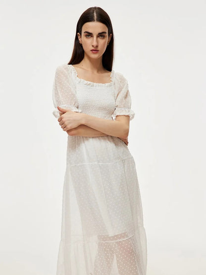 Summer Midi Dress White Square Neck Chiffon Beach Dress